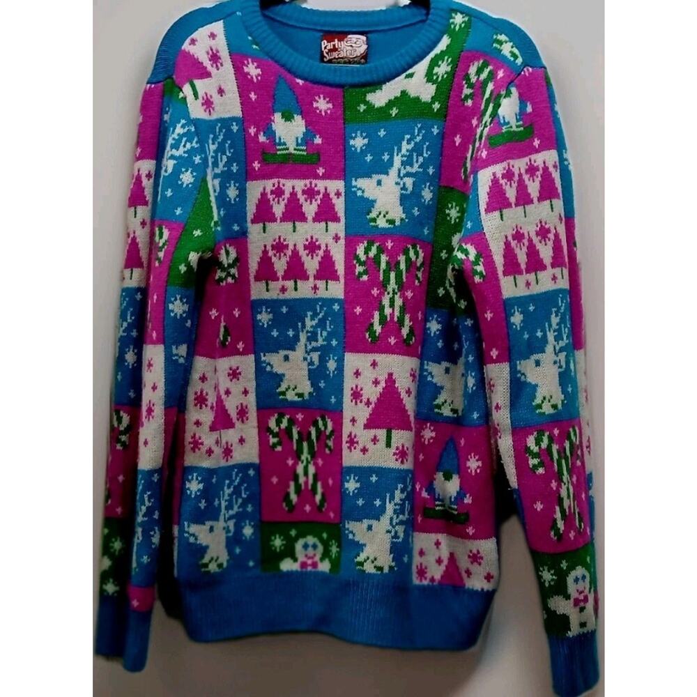 Party Sweater Dec 25 Blue Pink Xmas Sweater S Reindeer Elf Candy Canes VTG Fun